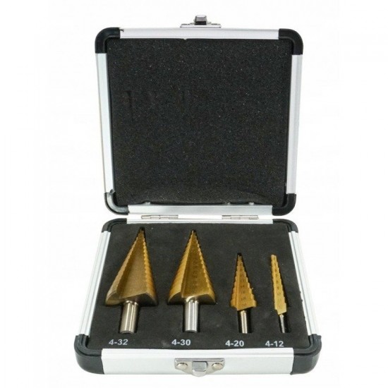 Stepped drill bit set , 4-12 MM, 4-20 MM, 4-30 MM, 4-32 MM, VERKE Items quantity 4 pcs 380015