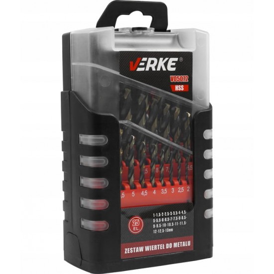 Set of metal drill bits HSS, 1-13 mm 25 pcs.VERKE Items quantity 25 pcs 380018