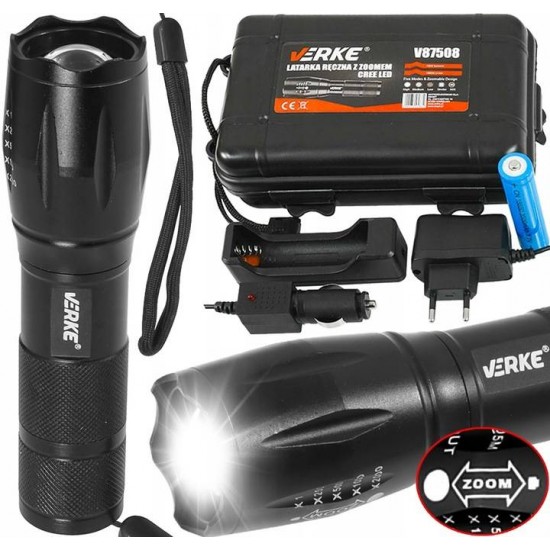 Flashlight c mode ZOOM, CREE XML-T6, 1000lm., lithium-ion battery 18650, 3500 mAh., VERKE, V87508 380112